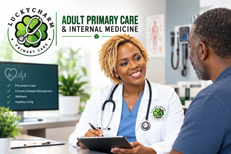 HOME 4 Physician reviewing health information with an adult patient during a primary care visit in Longview, TX
