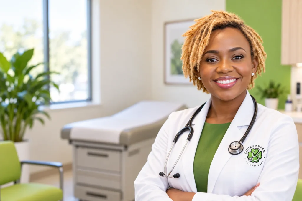 HOME 1 Dr. Uchenne Mbaraonye, DO, in an exam room at Luckycharm Primary Care in Longview, TX