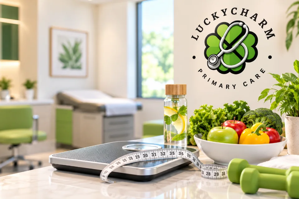 HOME 8 Healthy foods, dumbbells and a scale representing medical weight loss in Longview, TX